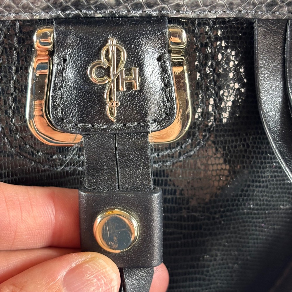 Cole Haan Satchel Shoulder‎ Bag Black Reptile Embossed Leather Designer Handbag - Picture 4 of 16